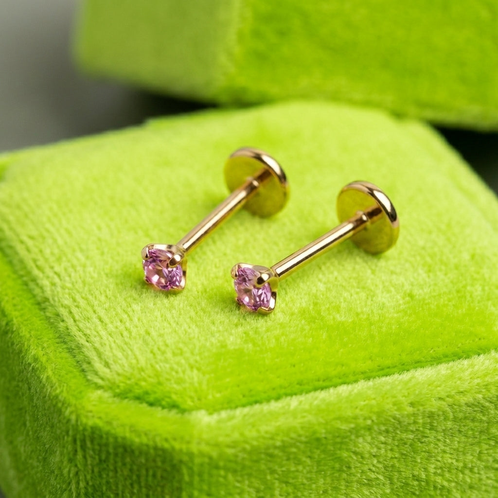 Pink gemstone + Gold CZ Titanium Flat Back Threadless Piercing Earring