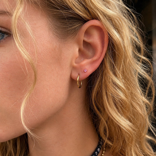 Pink gemstone + Gold CZ Titanium Flat Back Threadless Piercing Earring