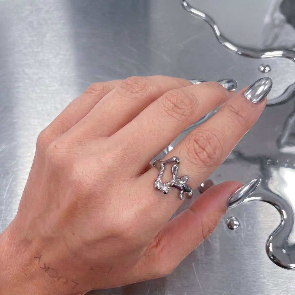 Liquid Chrome Ring, Abstract Silver Statement Ring