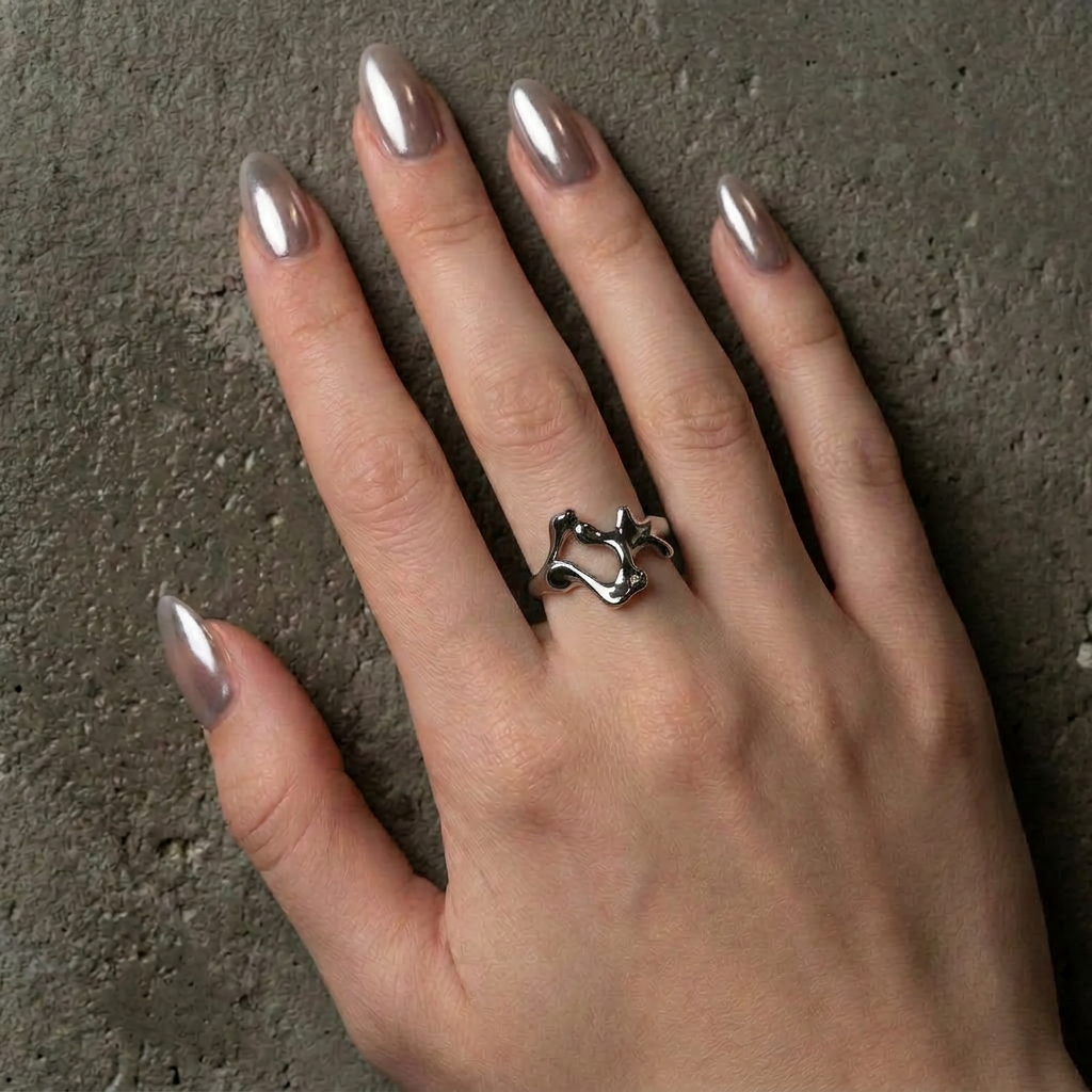 Liquid Chrome Ring, Abstract Silver Statement Ring