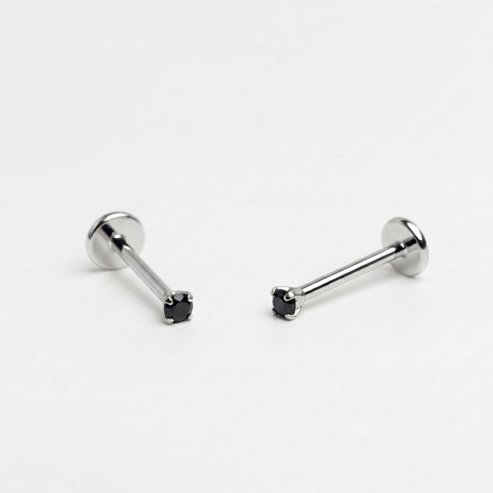 Black 2mm gemstone + 20g silver implant grade titanium flat back threadless piercing stud WHOLESALE