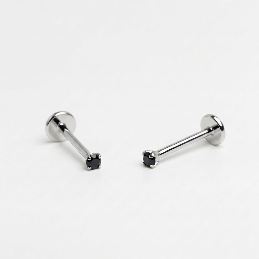 Black 2mm gemstone + 20g silver implant grade titanium flat back threadless piercing stud WHOLESALE