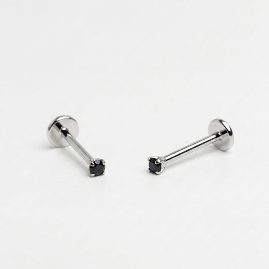 Black 2mm gemstone + 20g silver implant grade titanium flat back threadless piercing stud WHOLESALE