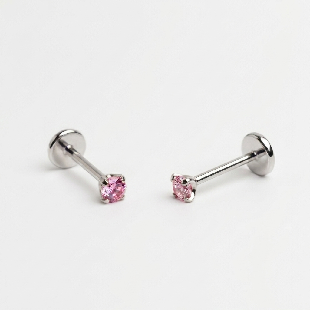 Pink gemstone + Silver Titanium Flat Back Threadless Piercing Earring
