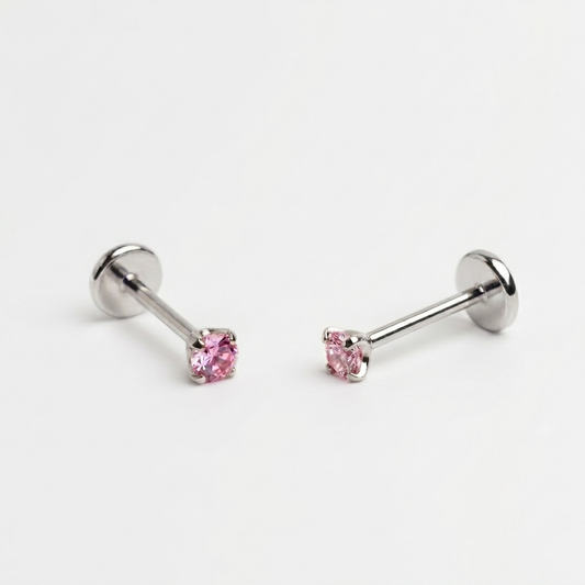 Pink gemstone + Silver Titanium Flat Back Threadless Piercing Earring