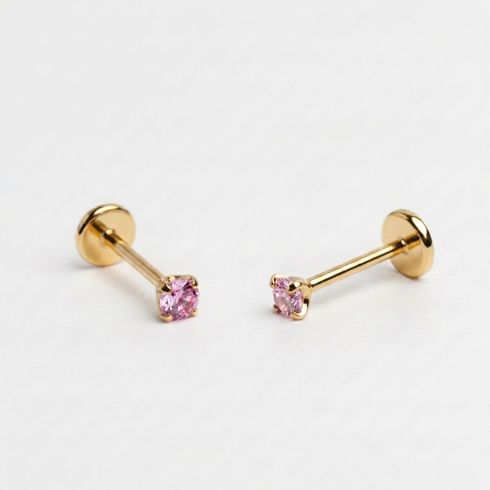 Pink 3mm gemstone + Gold CZ Titanium Flat Back Threadless Piercing Earring WHOLESALE