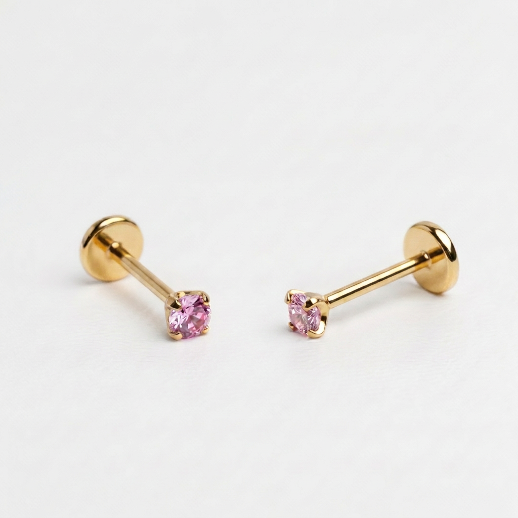 Pink gemstone + Gold CZ Titanium Flat Back Threadless Piercing Earring