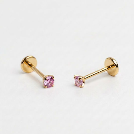 Pink gemstone + Gold CZ Titanium Flat Back Threadless Piercing Earring