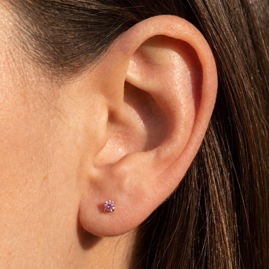 Pink gemstone + Silver Titanium Flat Back Threadless Piercing Earring