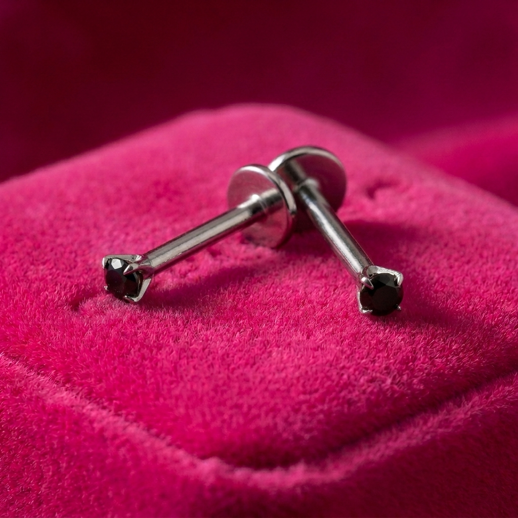Black 2mm gemstone + 20g silver implant grade titanium flat back threadless piercing stud WHOLESALE
