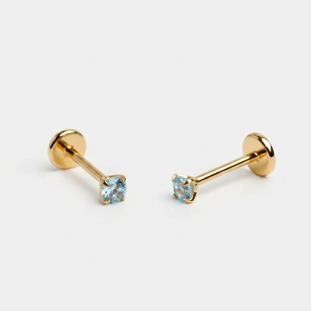 Blue 3mm gemstone + Gold CZ Titanium Flat Back Threadless Piercing Earring WHOLESALE