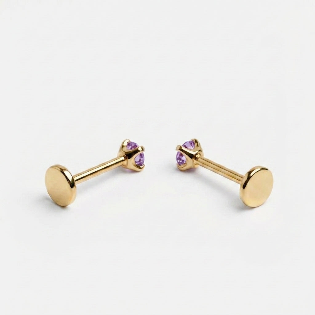 Purple 3mm gemstone + Gold CZ Titanium Flat Back Threadless Piercing Earring WHOLESALE