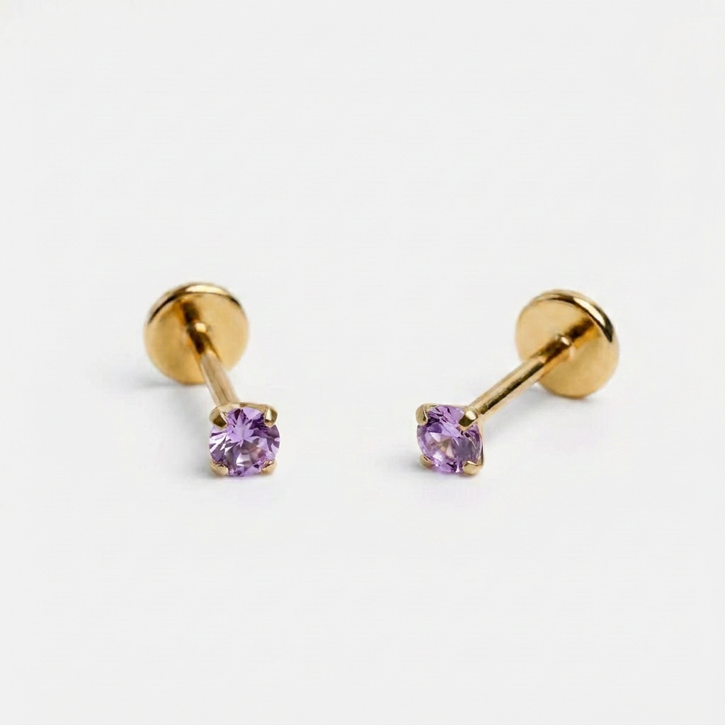 Purple 3mm gemstone + Gold CZ Titanium Flat Back Threadless Piercing Earring WHOLESALE