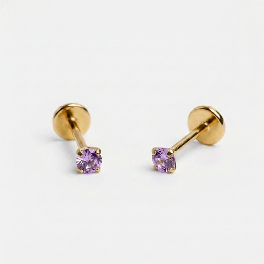 Purple 3mm gemstone + Gold CZ Titanium Flat Back Threadless Piercing Earring WHOLESALE