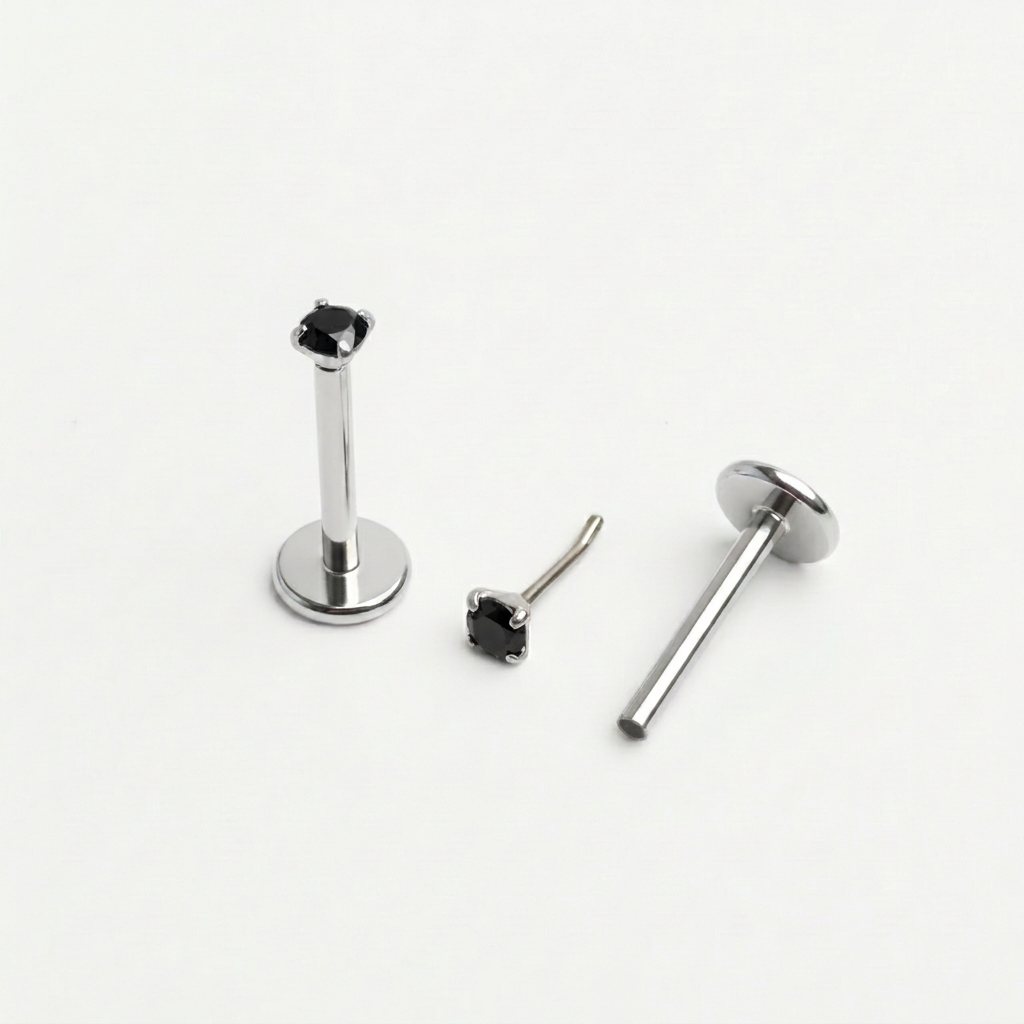 Black 2mm gemstone + 20g silver implant grade titanium flat back threadless piercing stud WHOLESALE