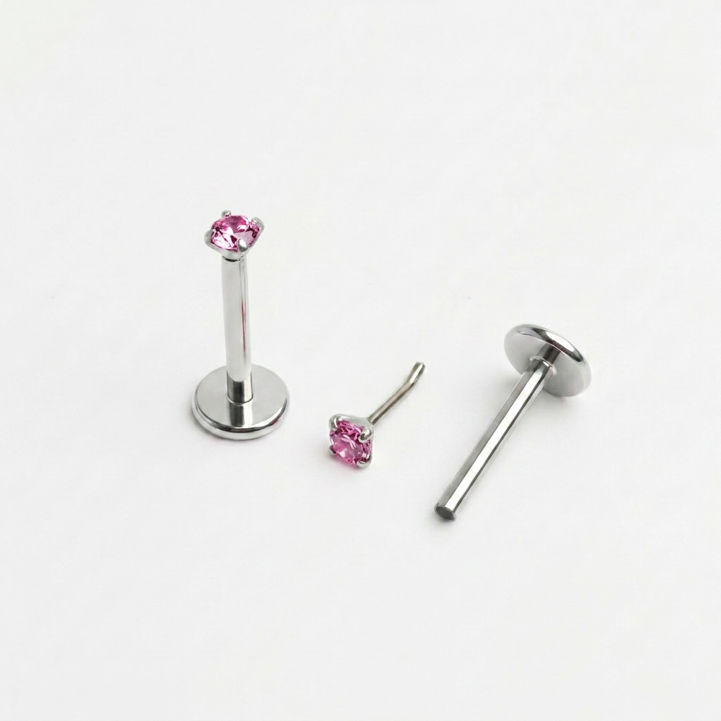 Pink 3mm gemstone + Silver Titanium Flat Back Threadless Piercing Earring WHOLESALE