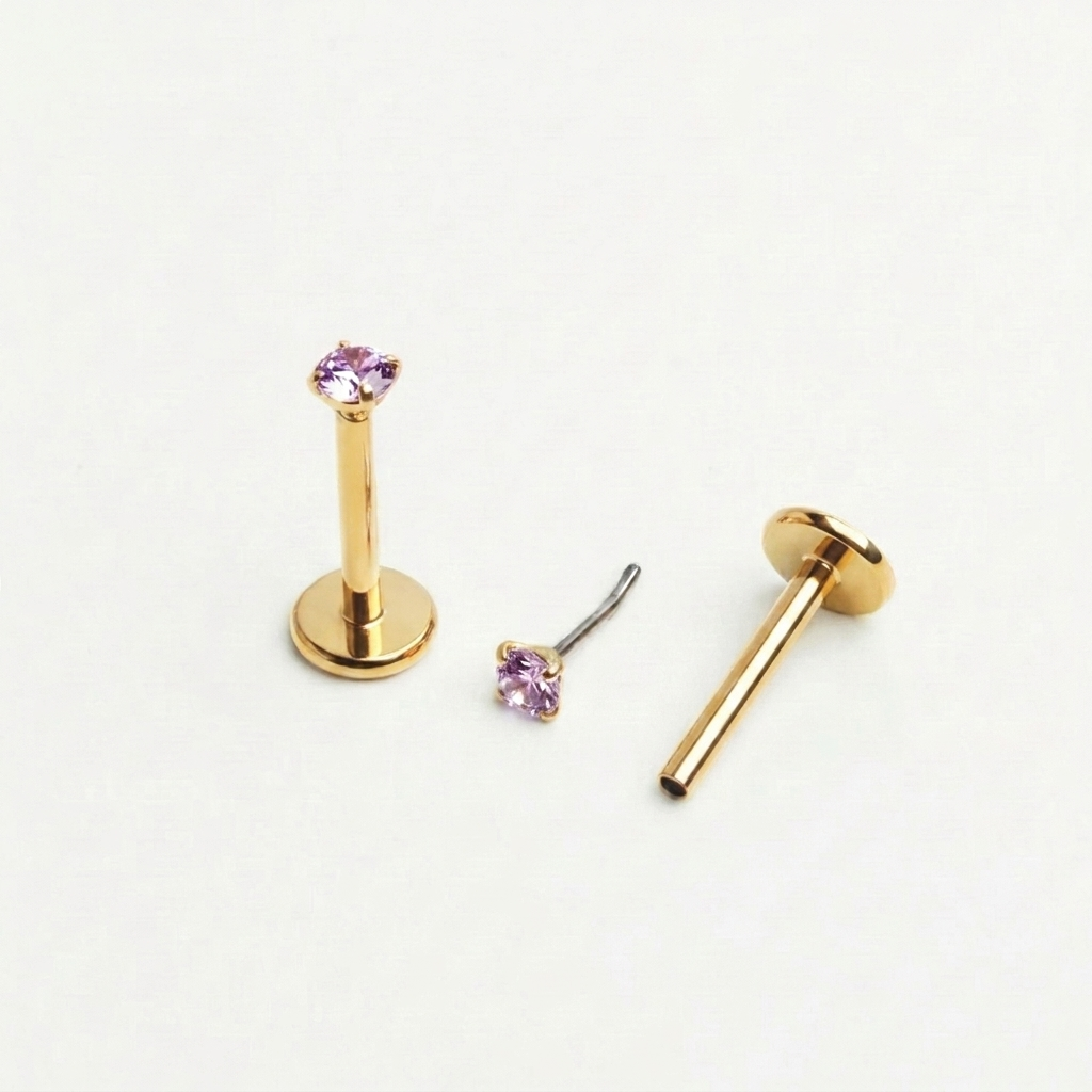 Purple 3mm gemstone + Gold CZ Titanium Flat Back Threadless Piercing Earring WHOLESALE