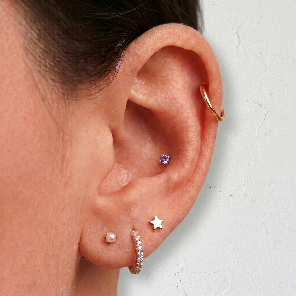 Purple 3mm gemstone + Gold CZ Titanium Flat Back Threadless Piercing Earring WHOLESALE