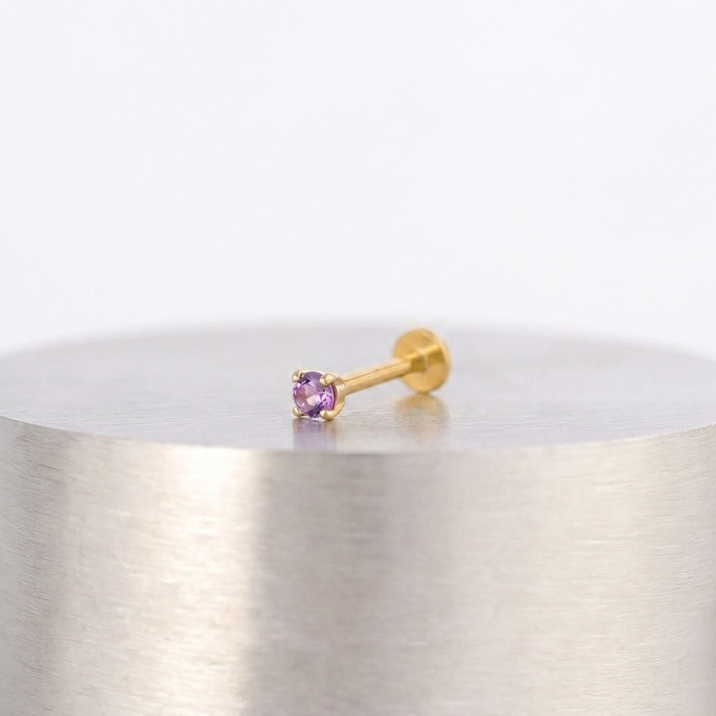 Purple 3mm gemstone + Gold CZ Titanium Flat Back Threadless Piercing Earring WHOLESALE