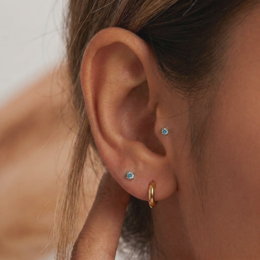 Blue 3mm gemstone + Gold CZ Titanium Flat Back Threadless Piercing Earring WHOLESALE